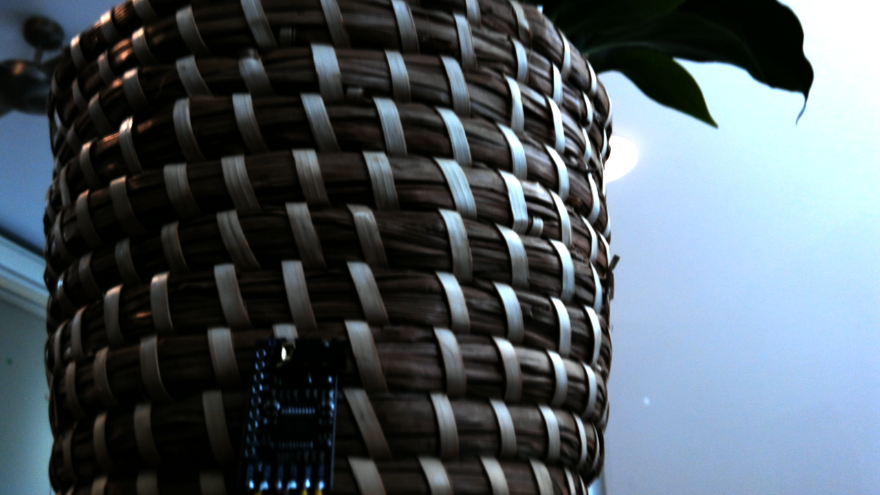 Camera photograph after the clock correction, showing a woven basket and room across the full width without the patterned strip or green margin.