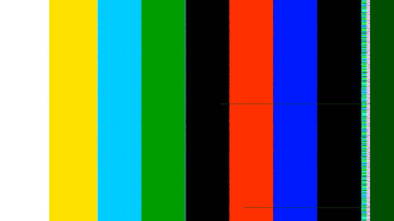 AP1302-generated colour bars with disturbed transitions, a patterned right-edge strip and a dark-green margin.