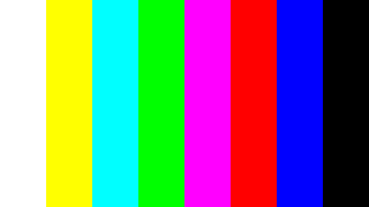 Captured TPG control frame: clean vertical white, yellow, cyan, green, magenta, red, blue and black colour bars, with no patterned corruption at the right edge.